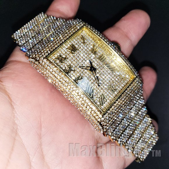 Men Full Iced Band Simulated Diamond Gold Silver Finish Hip Hop Metal Icy Watch - Picture 3 of 9